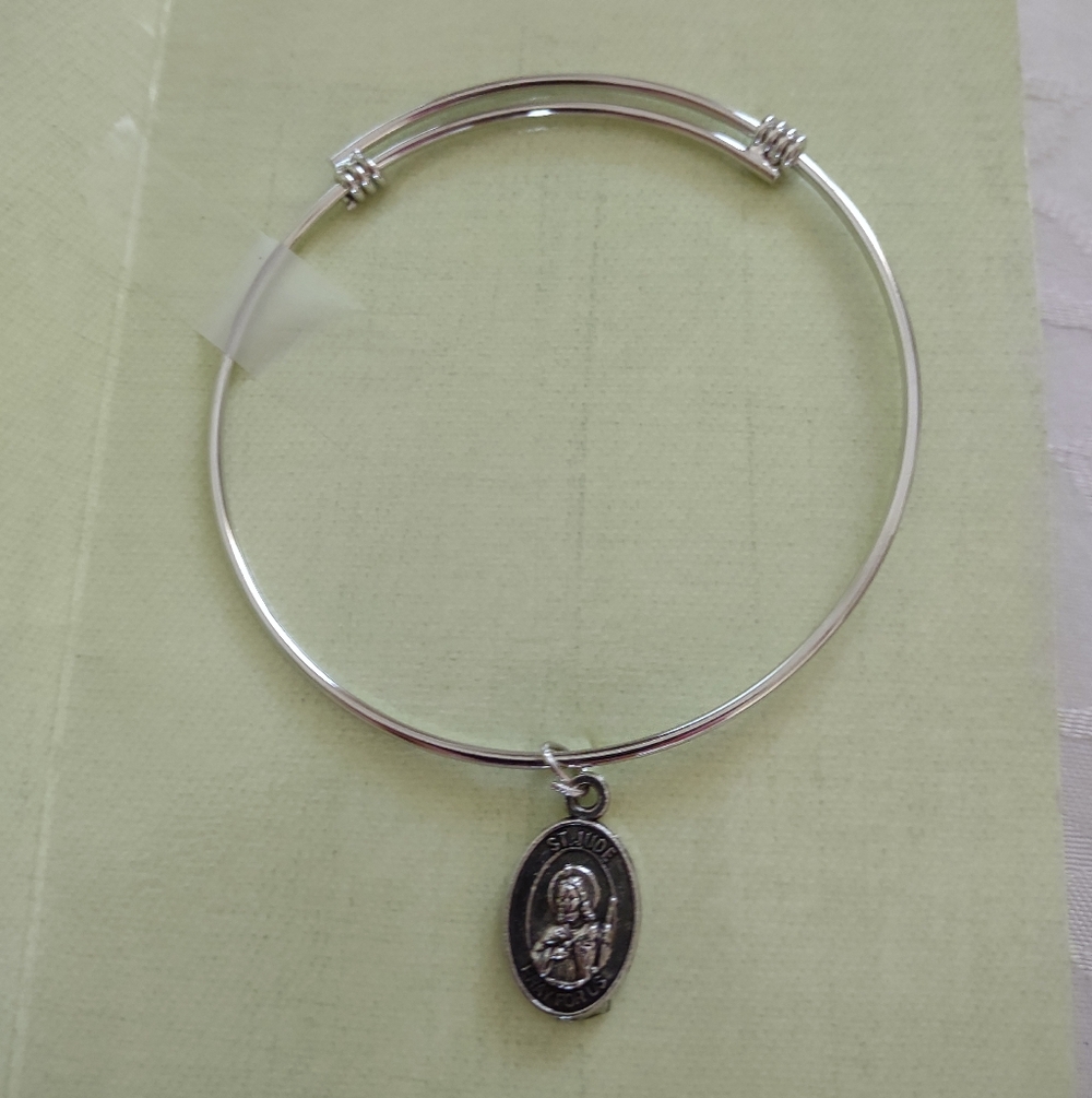 Silver Tone Expandable Bracelet Bangle Oval Charm Saint Patron